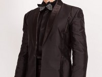 Curve/701.. Black Silk Dupion suit/Satin scalloped seam detail..custom made available in 100 colours