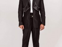 Custom Made Black Silk Dupion Suit with Diamonte Satin Deco Panels