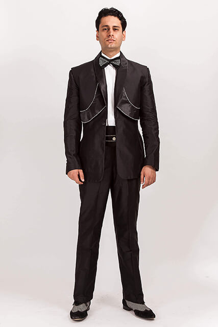 Custom Made Black Silk Dupion Suit with Diamonte Satin Deco Panels