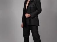 Memphis/704.. Black Silk Dupion Suit/Diamonte Satin panels…available in 100 colours…custom made…£925…hire  £75
