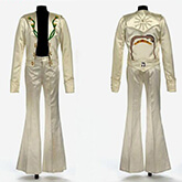 Jimmy Page Stage Outfit 1975. Currently displayed at the V&A Museum, London: Painted satin and gold cord. By Malcolm Hall. This stage costume, worn by Jimmy Page, of Led Zeppelin, is known as  the ‘Egyptian’ costume because of the symbols prominent on the back of the satin jacket. These symbols are more than just decoration, however, reflecting Page’s interest in the occult, and particularly the teachings of early 20th Century British occultist and writer Aleister Crowley. As well as having meaning in the symbols, the ivory satin costume itself would have been highly eye-catching, reflecting Page’s wild performance style.