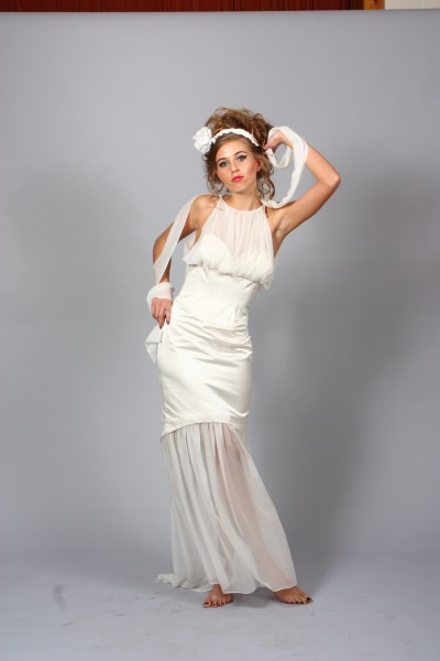 Silk Duchess Satin Wedding Gown/Silk Chiffon skirt